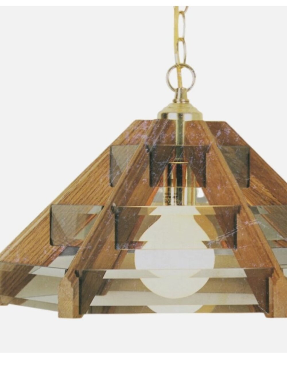 NEW! NOS 1970s Vintage Pendant Light Swag Lamp Hanging Wood Smoked Beveled Glass
